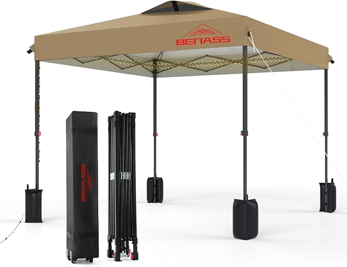8x8 Pop Up Canopy, Easy Up Canopy Tent, Heavy Duty Tents for Parties, One Person Set Up Event Tent, Khaki