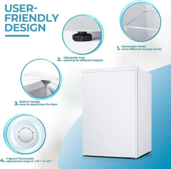 3.2 Cu.ft Small Freezer, Mini Upright Freezer with Adjustable Thermostat, Removable Shelves, Reversible Single Door, for Bedroom/Home/Dorms/Apartment (White)