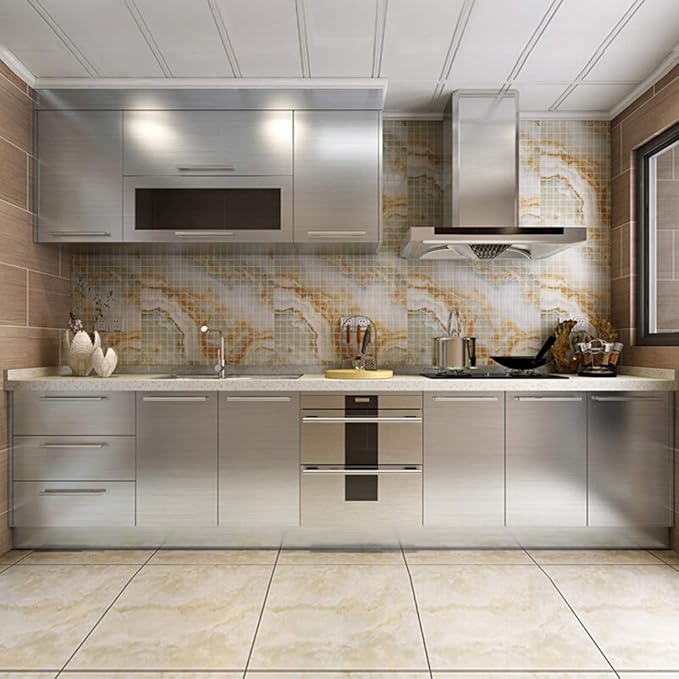 Hopepak Stainless Steel Contact Paper Peel and Stick Waterproof Silver Metallic Wallpaper Self Adhesive Removable Vinyl Roll for Kitchen Cabinet Refrigerator Dishwasher Countertop 17.3''x118''