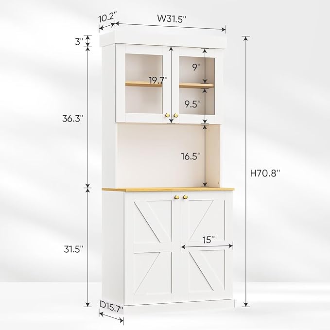 Vyre 71" Farmhouse Kitchen Pantry Cabinet Set of 2, White Freestanding Coffee Bar Hutch with Glass Doors & Adjustable Shelves, Large Storage Cabinet with Microwave Stand for Living Room & Kitchen