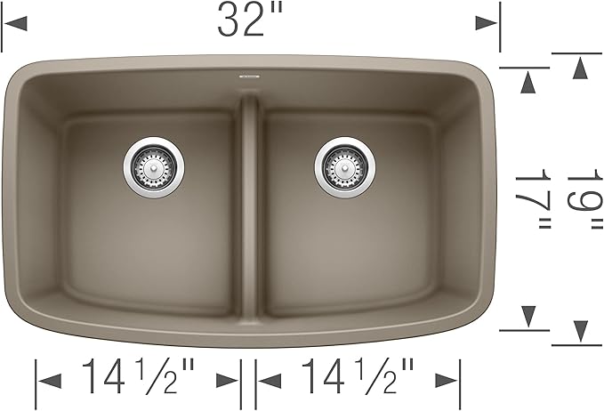 BLANCO, Truffle 442197 VALEA SILGRANIT 50/50 Double Bowl Undermount Kitchen Sink with Low Divide, 32" X 19"