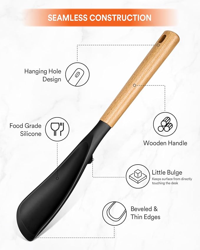 Cooking Spoon for Nonstick Cookwares, Great for Cooking and Serving Sturdy BPA-Free Matte Silicone, Wood Handle Spoon for Mixing, Scoop, and Scrape (BLACK, 13.4 inch)