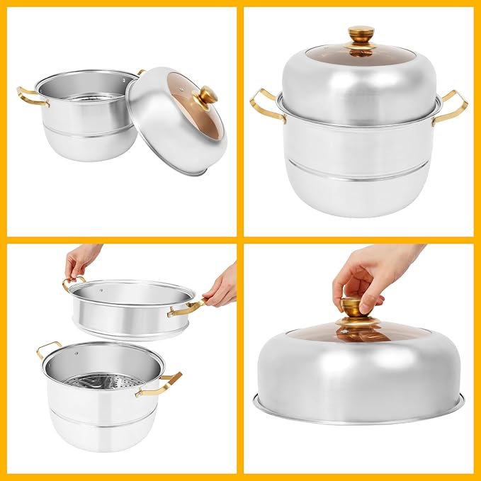Steamer 32cm/12.6in, 3-tier Stainless Steel Steam Cooker w/Visual Lid & Golden Handles, Home Round Stackable Multipurpose Steam Pot for All Stoves (1xBottom Pot, 1xSteaming Basket, 2xSteaming Slices)