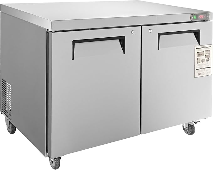 VEVOR Commercial Refrigerator, 48" Worktop Undercounter Refrigerator, 12.85 Cu. Ft Thick Stainless Steel Refrigerated Food Prep Station, 2 Door Worktop Fridge with lock for Restaurant, Bar, Diner