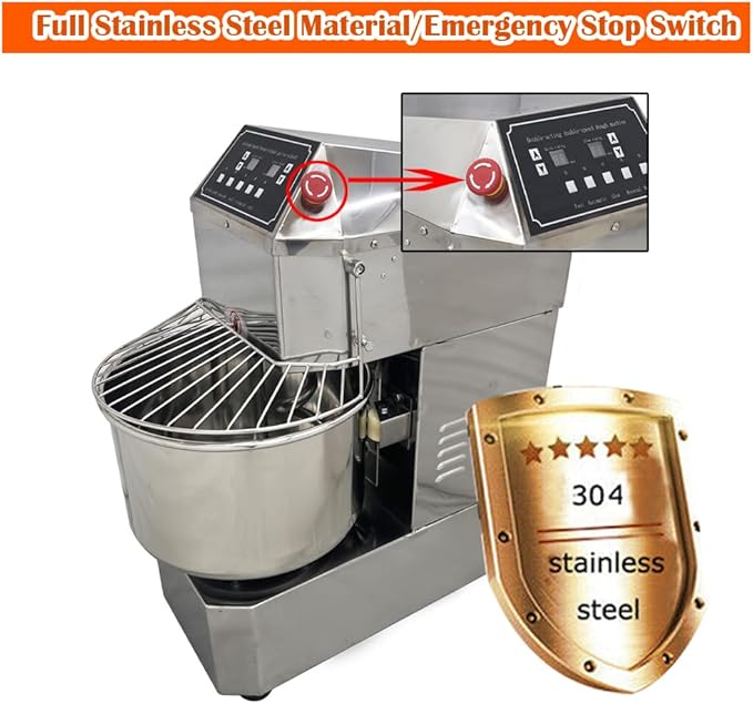 Commercial Spiral Dough Mixer 20L 304 Stainless Steel Stand Mixer with Double Action & Variable Speed, Heavy Duty Pizza & Bread Dough Kneading Machine for Restaurants, Bakeries, Home Kitchens