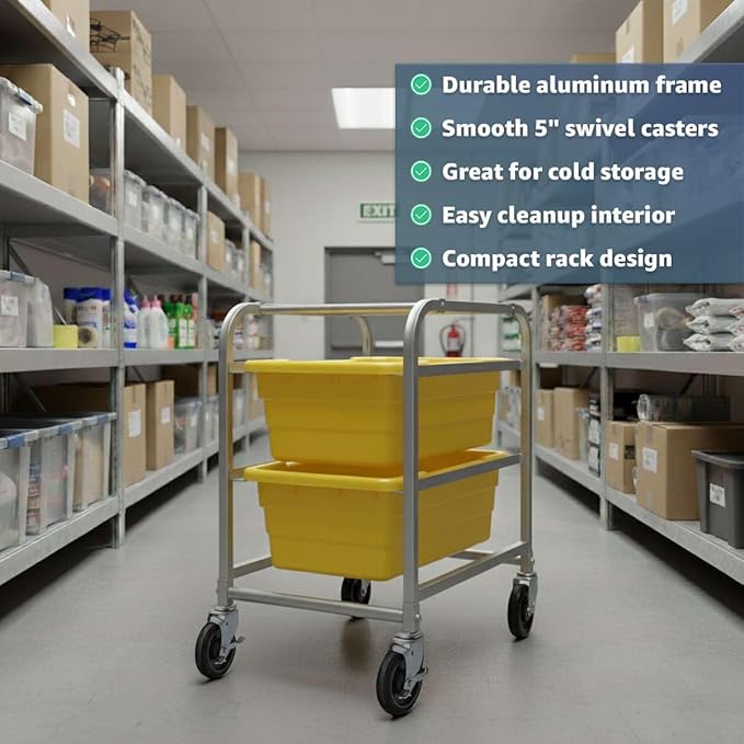 19"x26"x32" Mobile Aluminum Lug Rack with 2 Yellow Meat Lugs / Tote Boxes - NSF Heavy-Duty Commercial Storage Cart, Portable Aluminum Utility Rack with Casters for Kitchen, Restaurant, or Food Prep
