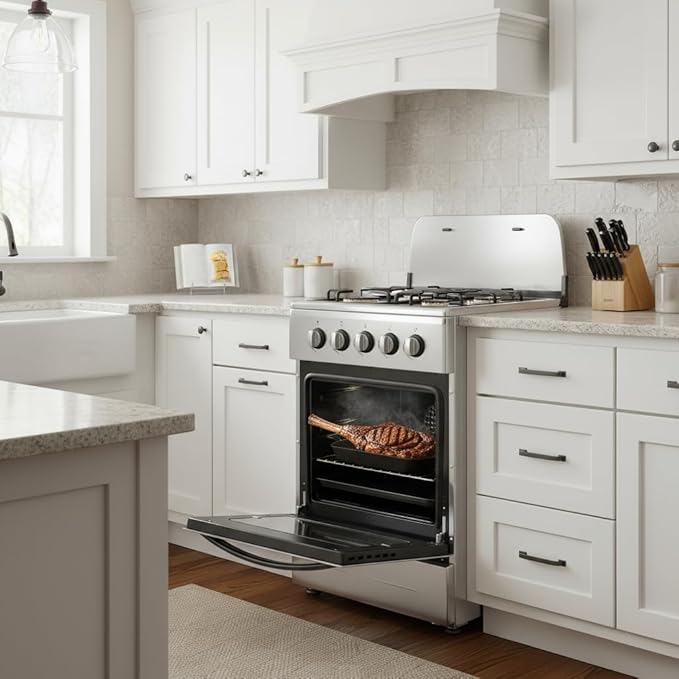 20" Free Standing Gas Stove Oven Range,4 Burner LPG Cooktop with 65L Oven, 201 Stainless Steel Body, Double Layer Mirror Surface Tempered Glass Door, Compact Design for Kitchen (NG-LPG Conversion Kit)
