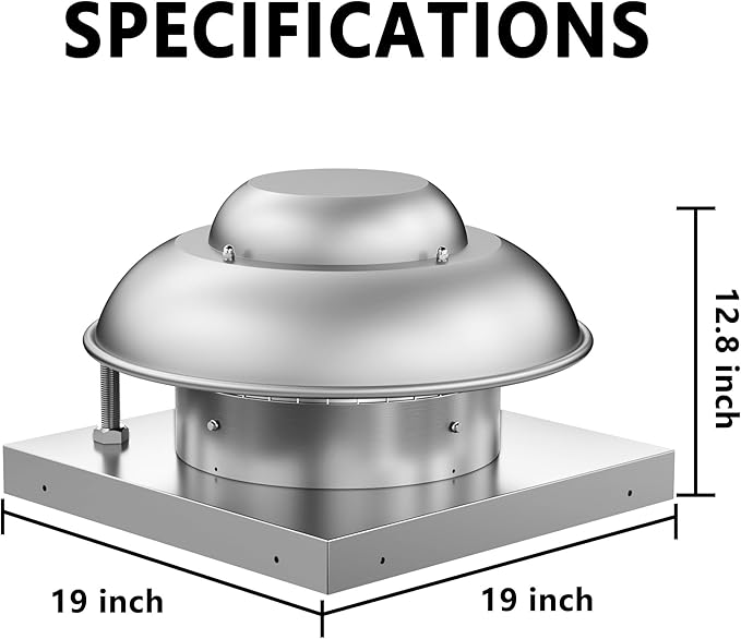 Roof Mounted Exhaust Fan Direct Drive Axial Downblast Exhaust Fan -19" Fan Base, 1/10 HP 830 CFM 115 Volt Single Phase Motor