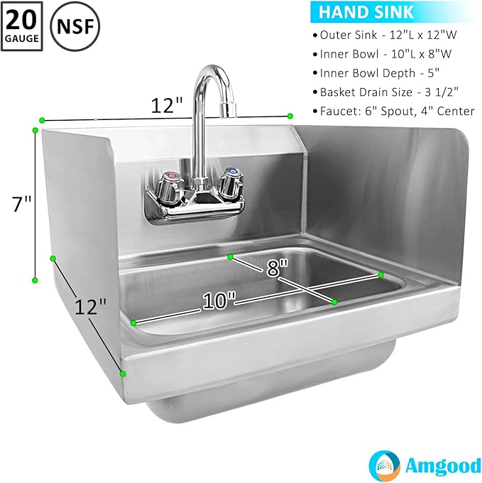 AmGood Stainless Steel Wall Mount Hand Sink | NSF | Commercial Hand Washing Basin For Restaurant, Kitchen and Home (12" x 12" with Sidesplash)