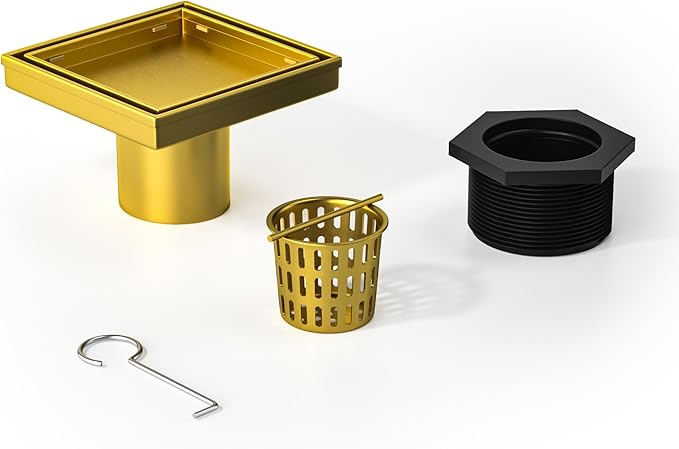 Square Shower Drain 4", Brushed Gold Floor Drain with Tiled Insert Grate & Hair Strainer, 304 Stainless Steel Bathroom 2-in-1 Tiled in Drain, CUPC Certified (Brushed Gold, 4'')