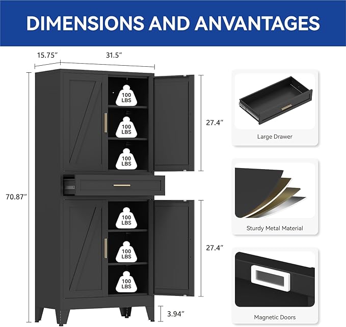 COFaR 71'' Tall Metal Pantry Cabinet with Drawer, Kitchen Storage Cabinet with 4 Doors and Shelves, Freestanding Farmhouse Food Cupboard for Kitchen Dinning Room Garage, Black 6-Tier