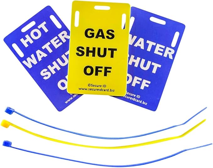 Secure ID Utility Shut-Off Tags – Set of 3 PVC Valve Labels for Gas, Water & Hot Water – Landlord & Property Manager Safety Tags for Rentals or Multi-Unit Homes