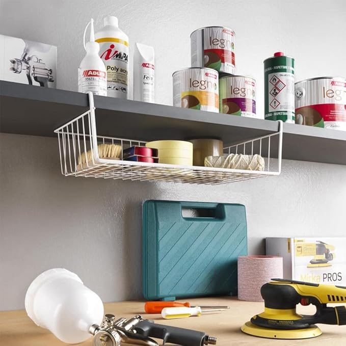 Modern Home Under Shelf Wire Storage Baskets – Hanging Organizer Rack for Cabinet, Pantry, or Closet – White Metal Basket for Kitchen, Towels, or Office – No Tools Required (Set of 4)