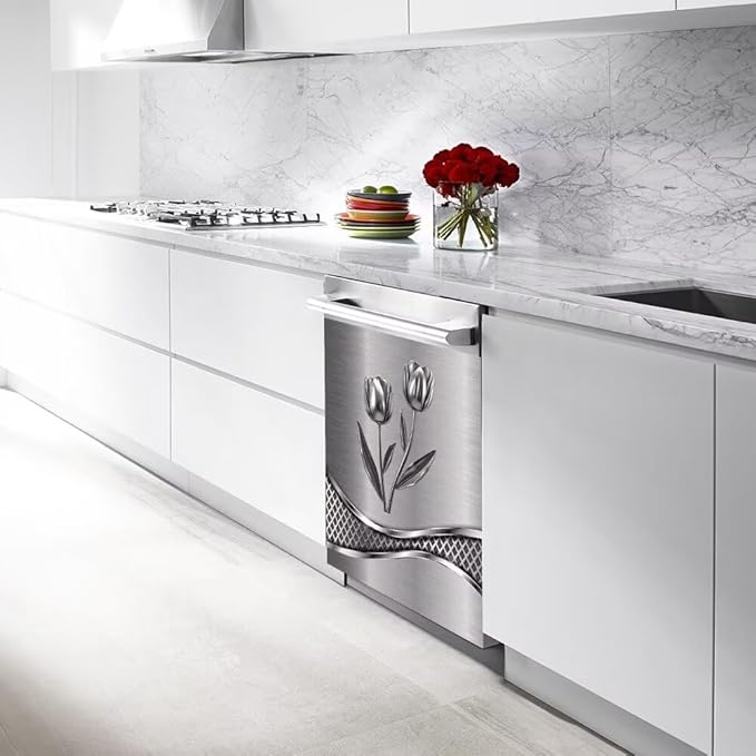 Stainless Steel Flower Painting Dishwasher Cover Decorative Magnetic Sticker Kitchen Refrigerator Covers for The Front Fridge Door Magnet 23W x 17H inchs