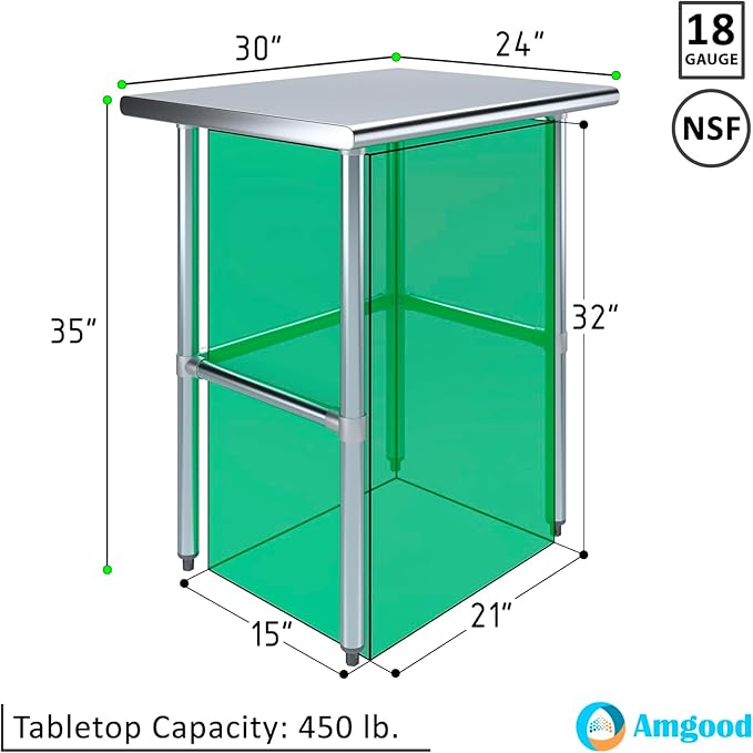 AmGood Stainless Steel Work Table Open Base | NSF Kitchen Island Food Prep | Laundry Garage Utility Bench (30" Long X 24" Deep)