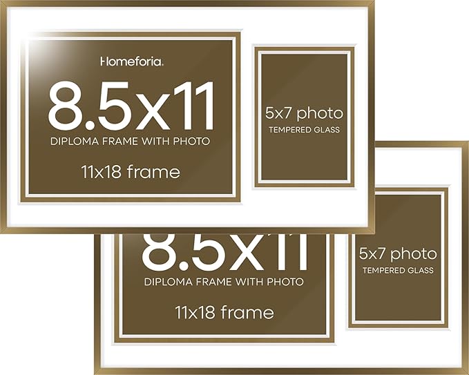 Homeforia 11x18 Bronze Diploma Frame with Photo, High End Metal 11 x 18 Certificate Frame with Mat for 8.5x11 Diploma and 5x7 Picture, 18x11 Award Graduation Frames, Tempered Glass, Wall Kit, Set of 2