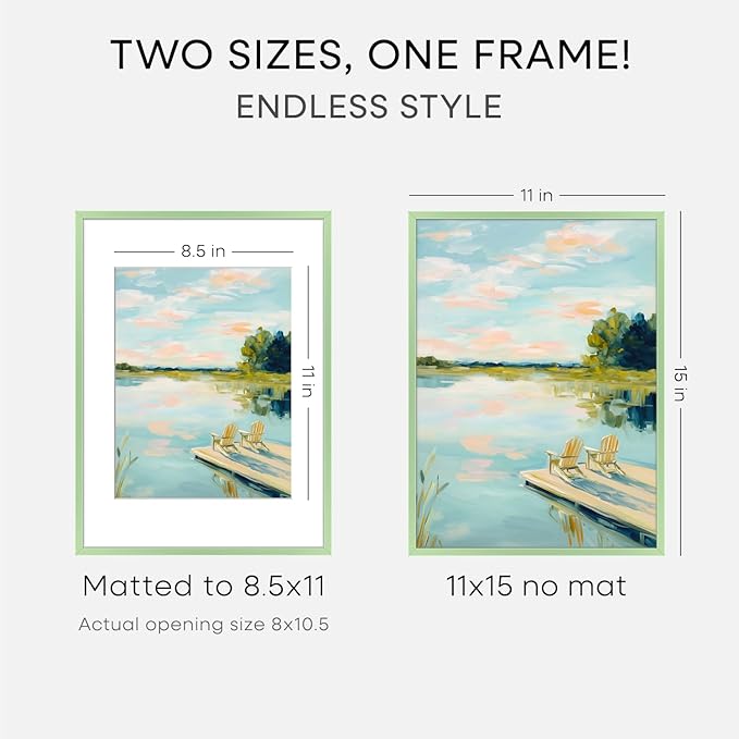 Homeforia 11x15 Picture Frame Sage Green, High End Metal 11x15 Wall Hanging Frame with Mat 8.5x11, 11 x 15 Poster Frames Matted to 8.5 x 11 inch Photo, 11by15 Frame, Tempered Glass, Wall Kit, Set of 2