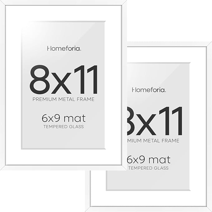 Homeforia 8x11 Picture Frame White, High End Metal 8 x 11 Poster Frames with Mat 6 by 9 for Photo, 11x8 Frame Matted to 6x9 inch Print, 8by11 Wall or Tabletop Frames, Tempered Glass, Wall Kit, Set of 2