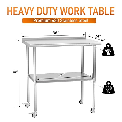 Stainless Steel Prep Table 24" X 36" with Adjustable Undershelf, Backsplash and Wheels, Commercial Metal Workstations for Kitchen, Garage, Outdoor BBQ