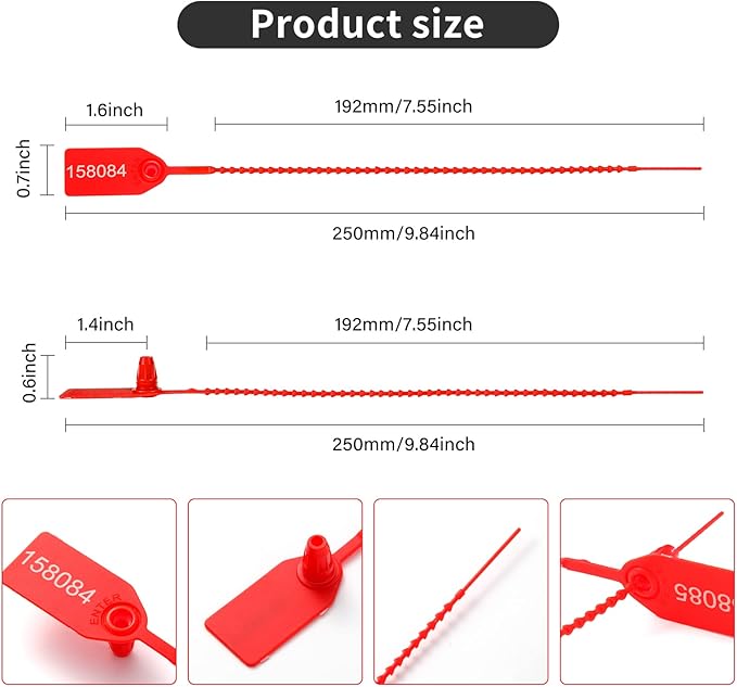 100 Plastic Tamper Seals Fire Extinguisher Tags Numbered Zip Ties Pull Tite Security Tags Disposable Self-Locking Safety Ties (Red)