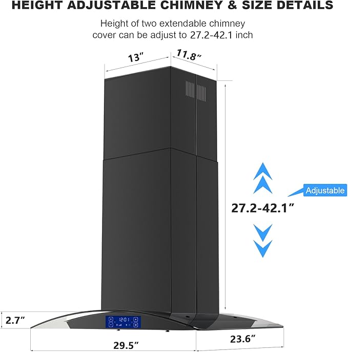 30 Inch Island Range Hood Black 700CFM, Gesture & Touch Panel Ceiling Mount Vent Hood, Stainless Steel Kitchen Exhaust Fan Convertible, Tempered Glass, LED lights, Permanent Baffle Filters
