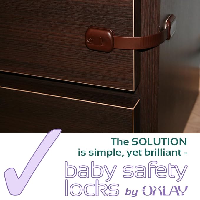 Baby Proofing Safety Cabinet Locks - Child Proof Latches for Drawer Cupboard Dresser Doors Closet Oven Refrigerator - Adjustable Childproof Straps by Oxlay - Brown - 6 Pack