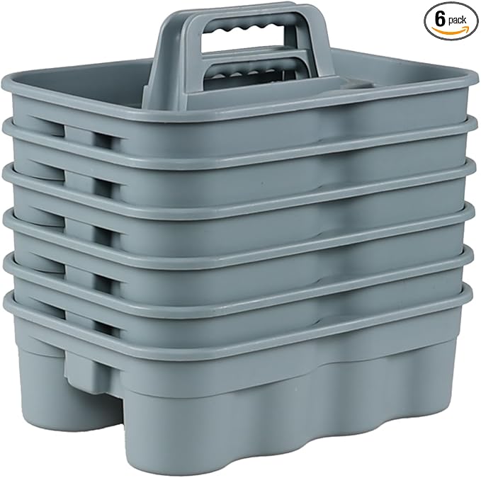 6 Pack Plastic 2 Compartments Cleaning Supplies Caddy, Commercial Carry Caddy Organizer with Handle, Gray