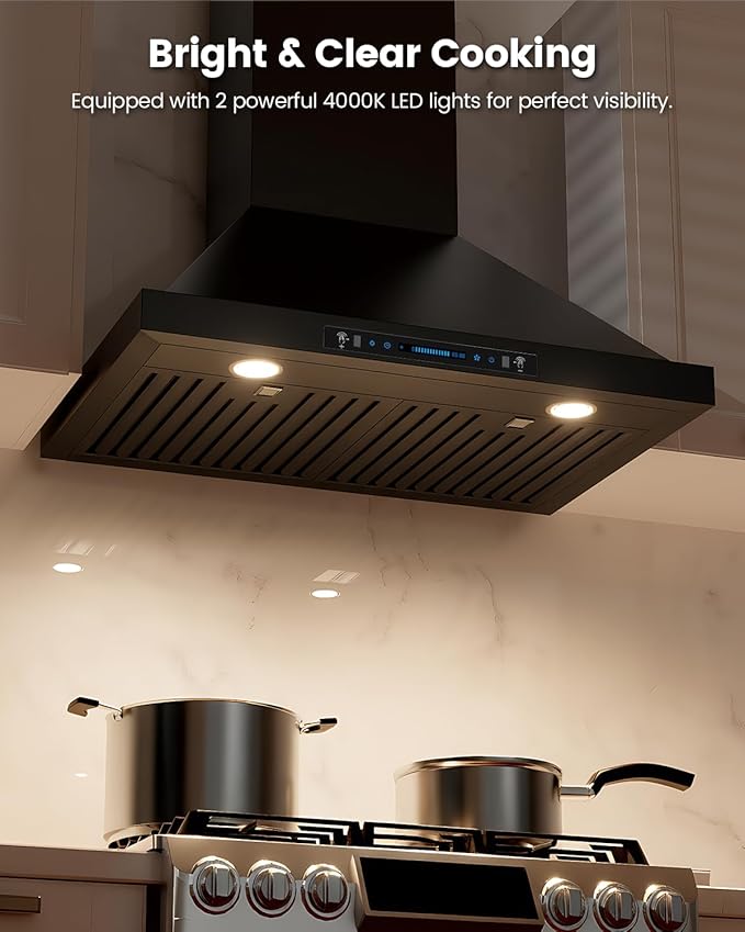 JOCO 36 Inch Black Wall Mount Range Hood, 900 CFM Stainless Steel Kitchen Chimney Vent Hood, Convertible for Ducted or Ductless Installation, 4-Speed Gesture/Touch/Remote Control P02-36G-B
