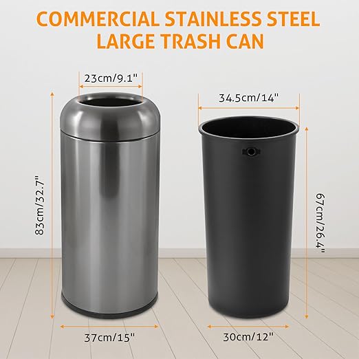 WICHEMI 16 Gallon Commercial Large Trash Can, Bullet Outdoor Trash Bin with Open Top Lid, Brushed Stainless Steel Garbage Can, Dark Silver