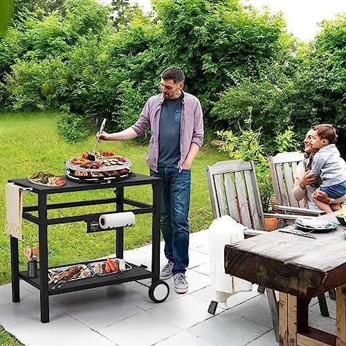 Dining Cart,Outdoor Grill Cart with Double-Shelf,with 4 Hooks, Side Handle,Wheels,Cooking Table for Outdoors, Kitchen or Backyard Patio, Movable BBQ Trolley,Multifunctional and Commercial (Black)