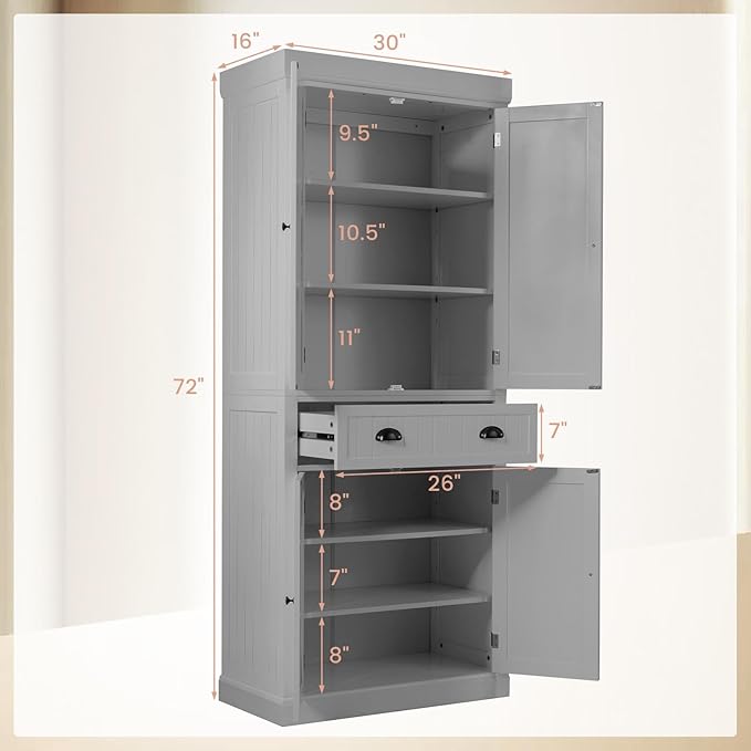 DORTALA 72” Tall Kitchen Pantry Cabinet, Wood Storage Cupboard w/ 4 Adjustable Shelves, 2 Cabinets & Drawer, Utility Freestanding Storage Cabinet for Kitchen, Hallway, Living Room, Grey