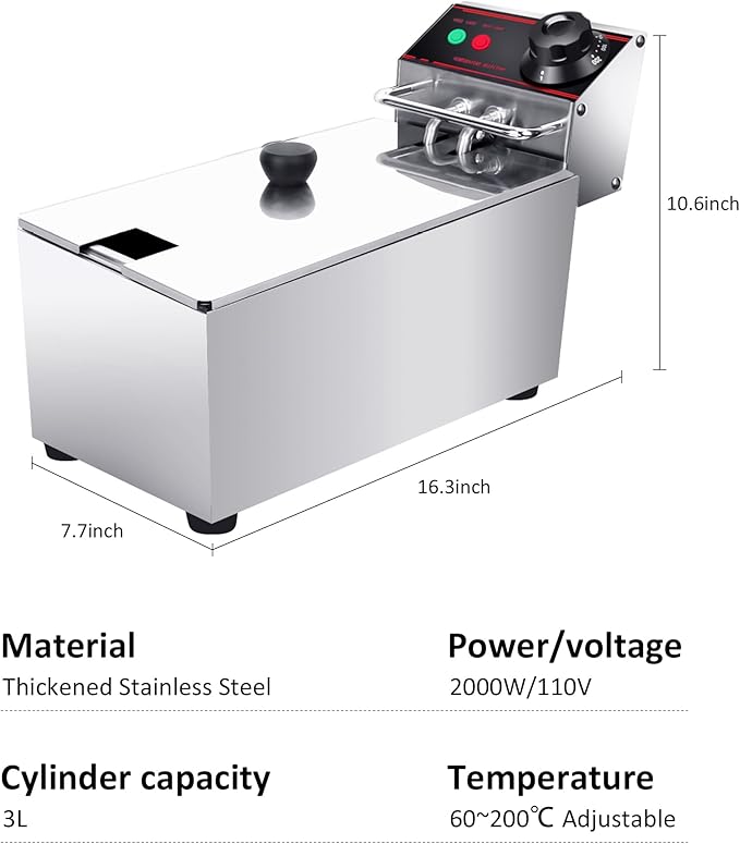Deep Fryer Stainless Steel - Commercial Style Electric Fryer with Adjustable Thermostat, Rapid Heating & Oil Filtration Basket - Safe for Home Kitchen (Chips/Chicken/Donuts), 3L