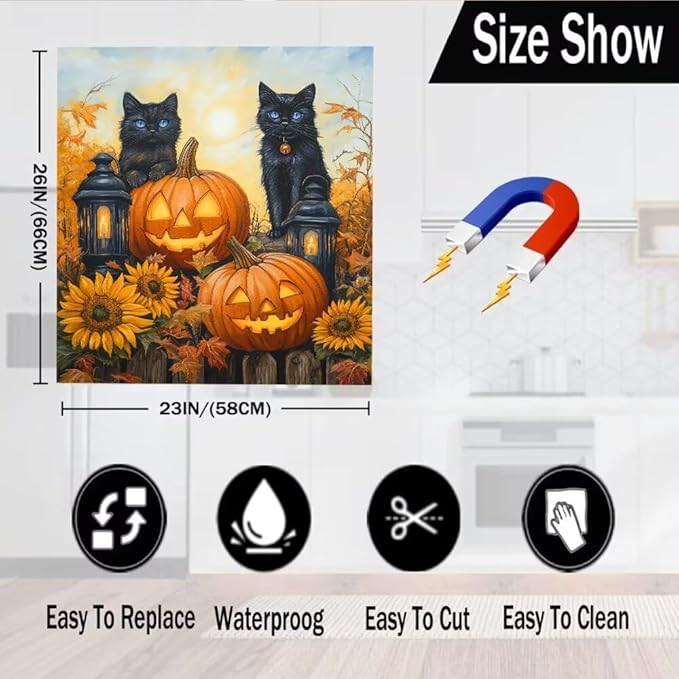 Halloween Black Cat Magnetic Dishwasher Cover Vinyl Sticker,Pumpkin Lantern Dishwasher Magnet Cover,Autumn Fall Sunflower Fridge Door Cover Magnets Art Skin Panel Decal for Home Decor, 23"X26"