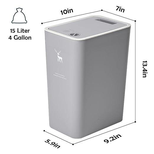 XPIY Trash Can with Lid, 2 Pack 4 Gallons/15 Liters Garbage Can with Press Top, Small Trash Can Dog Proof, Plastic Trash Bin, Waste Basket for Bathroom|Kitchen|Bedroom|Office (2, Grey)
