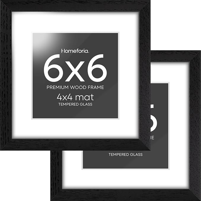 Homeforia 6x6 Picture Frame Black Wood, High-End Oak 6 x 6 Square Frames with Mat 4 by 4 inch Photo, 6x6 Wooden Frame Matted to 4x4 Art, 6by6 Wall or Tabletop Frame, Tempered Glass, Wall Kit, Set of 2