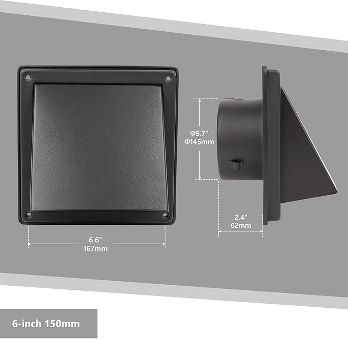 6 Inch Black Dryer Vent Cover Outside Stainless Steel Wall Vent with Removable Cover and Bird Screen Mesh RAL9011