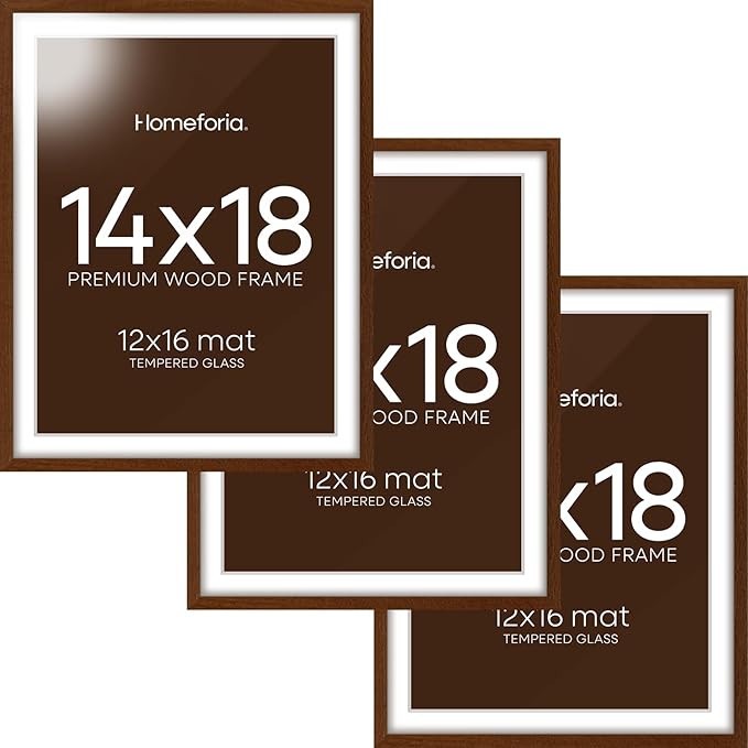 Homeforia 14x18 Picture Frame Brown, High End Dark Oak 14x18 Poster Wood Frame with Mat 12x16 for Photo, 14 x 18 Wooden Walnut Frame Matted to 12 x 16, 18x14 Frames, Tempered Glass, Wall Kit, Set of 3