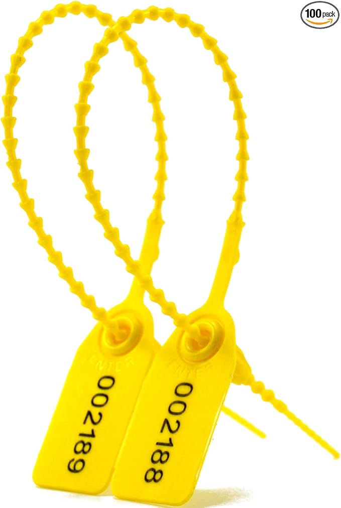 100 Plastic Tamper Seals, Zip Ties for Fire Extinguishers Pull Tite Security Tags Numbered Disposable Self-Locking Tie 250mm Length (Yellow)