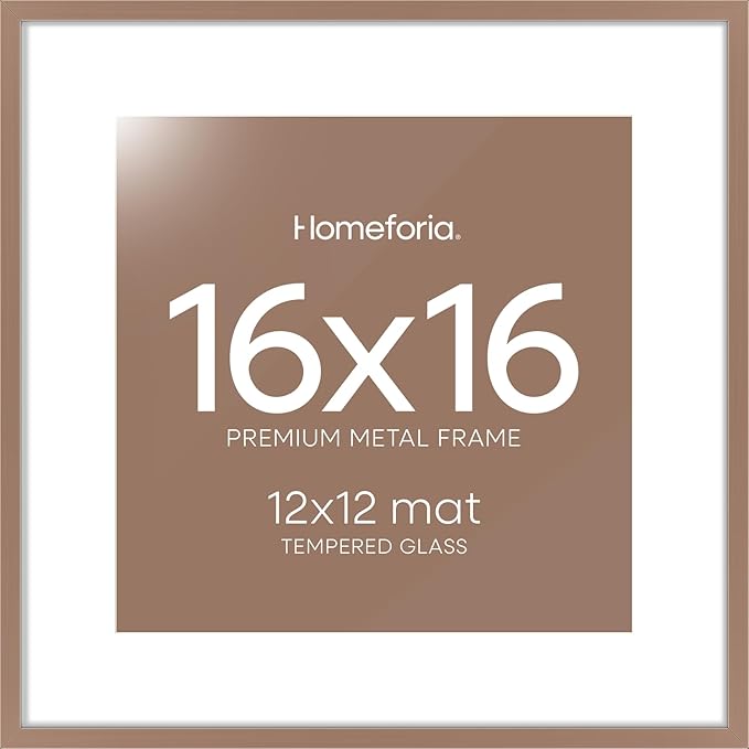 Homeforia 16x16 Picture Frame Mocha, High End Metal 16x16 Square Poster Frame Matted to 12x12 Print, 16 x 16 Mocha Frames with Mat 12 x 12 Photo, 16by16 Thin Frames, Tempered Glass, Wall Kit, Set of 1