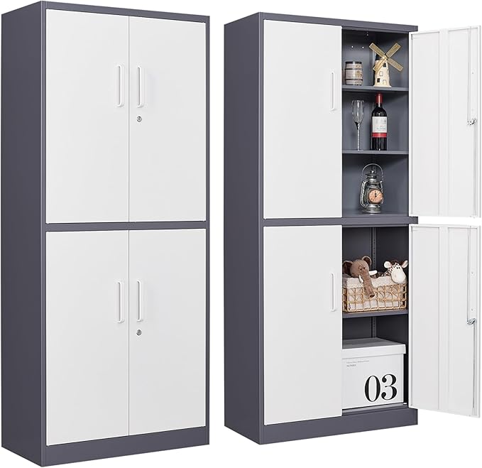 SISESOL Storage Cabinets With Doors And Shelves, 71'' Metal Garage Cabinet Locking, Adjustable Layers For Home Gym, bathroom, kitchen, office, Gray White