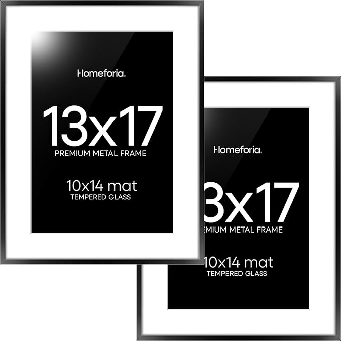 Homeforia 13x17 Picture Frame Black, High End Metal 13x17 Poster Frames with Mat 10x14 for Photo, 13 x 17 Black Frame Matted to 10 x 14 inch Print, 17x13 Thin Frame, Tempered Glass, Wall Kit, Set of 2