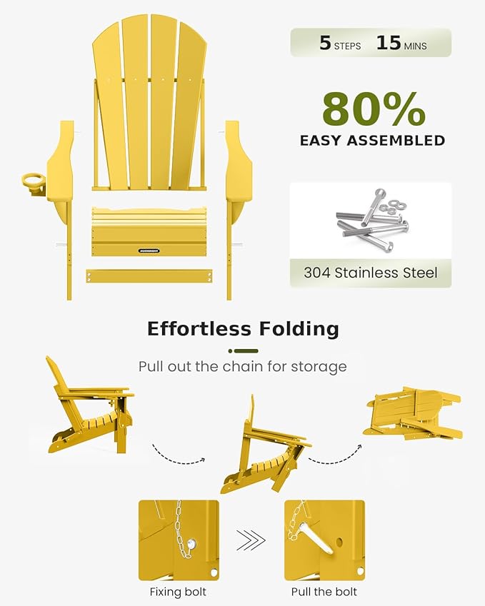MUCHENGHY Folding Adirondack Chairs Set of 2, Patio Chairs, Lawn Chairs, Outdoor Chair, Adirondack Chair Plastic, Fire Pit, Weather Resistant with Cup Holder for Deck, Backyard, Garden(Olive Yellow)