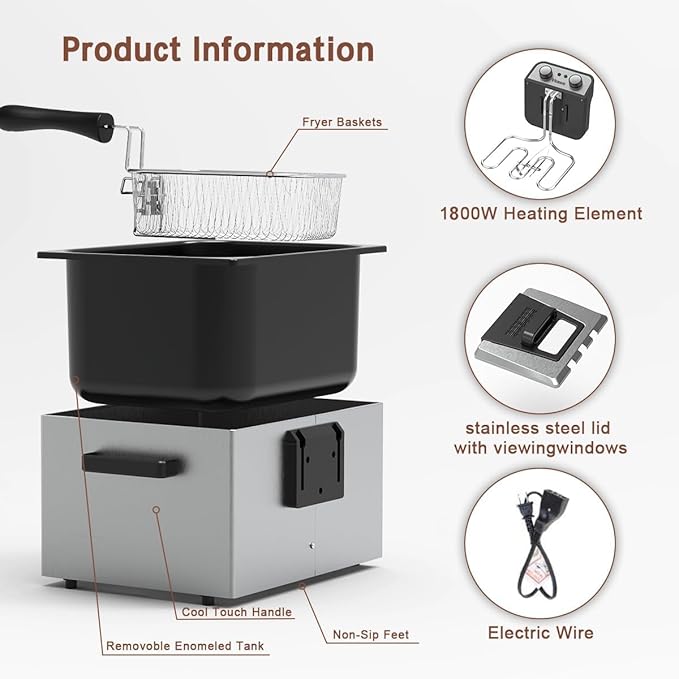 1800W 5 Liters/21 Cups Large Electric Deep Fryer with 3 Frying Baskets for Home Use
