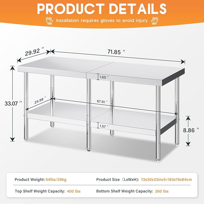 Jocisland 30" x 72" Stainless Steel Table for Prep & Work Adjustable Under Shelf and Feet, for Commercial Kitchen, Restaurant, Hotel and Garage