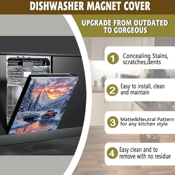 Winter Mountain Landscape with Red Truck Magnetic Dishwasher Cover Vinyl Sticker,Pine Trees Dishwasher Magnet Cover,Fridge Door Cover Magnets Art Skin Panel Decal for Home Decor, 23"X26"