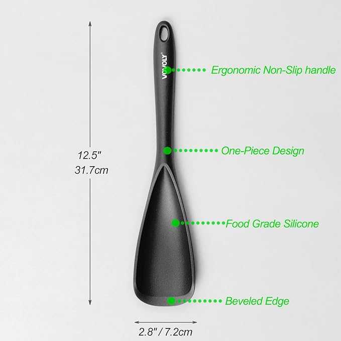 Cooking Spoon for Nonstick Cookwares, VOVOLY Silicone Spoon for Mixing, Scoop, and Scrape,Seamless Design, 12.6'', 2 Pack, Black