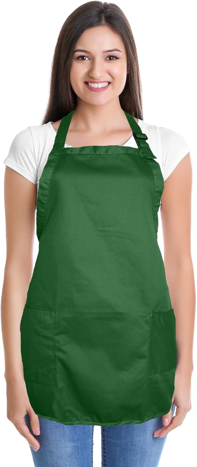 Apron Commercial Restaurant Home Bib Spun Poly Cotton Kitchen Aprons (2 Pockets) in Dark Green 12 Pack
