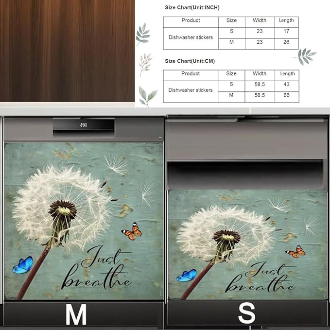Farm Floral Dandelion Dishwasher Magnet Cover,23"" x 17"" Dishwasher Cover,Retro Countryside Butterfly Magnetic Decal Vinyl Sticker Kitchen Decor Refrigerator Magnets Self Adhesive Wrap, Just Breathe