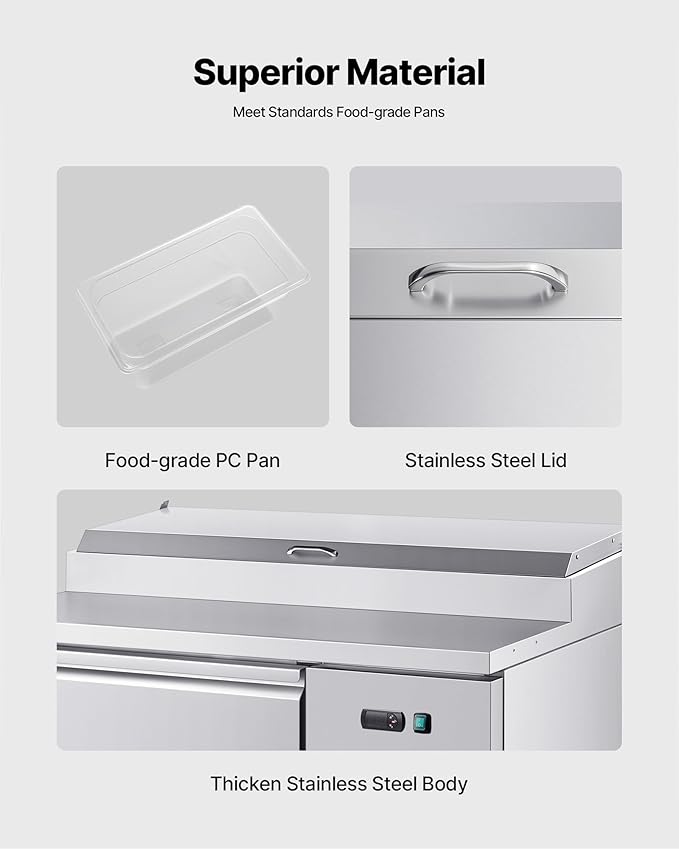VEVOR Commercial Refrigerator, 44" W Pizza Prep Refrigerated Table, 19.3" Ultra Wide Countertop Food Prep Cooler, 11 Cu.Ft Single Door Salad Prep Fridge, 6 Pans Pizza Make Worktop with Cutting Board