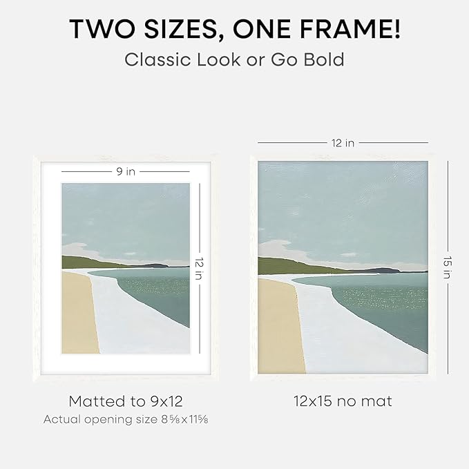 Homeforia 12x15 White Picture Frame, High End Oak 12x15 Wood Poster Frames with Mat 9x12 Print, 12 x 15 White Wooden Frame Matted to 9 by 12 Photo, 15x12 Thin Frame, Tempered Glass, Wall Kit, Set of 1